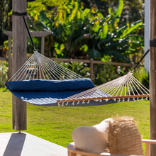 Load image into Gallery viewer, 12ft Wooden Arc Hammock Stand & King Quilted Hammock in Navy Blue