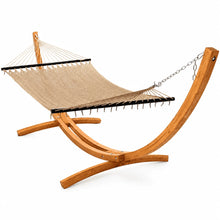 Load image into Gallery viewer, Tan Caribbean polyester rope hammock with dark hardwood spreader bars and 12ft larch wood arc stand