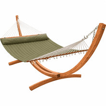 Load image into Gallery viewer, Olive green king quilted hammock with matching pillow and 12ft larch wood arc stand