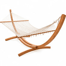 Load image into Gallery viewer, Cream Resort king polyester rope hammock with hardwood spreader bars and 12ft larch wood arc stand
