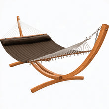Load image into Gallery viewer, Brown Whitsunday King Quilted Hammock with matching pillow on a 12ft larch wood arc stand