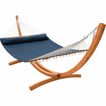 Load image into Gallery viewer, Navy blue king quilted hammock with matching pillow on a 12ft larch wood arc stand