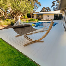 Load image into Gallery viewer, 12ft Natural Wooden Arc Hammock Stand &amp; King Quilted Hammock in Brown