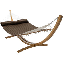 Load image into Gallery viewer, 12ft Natural Wooden Arc Hammock Stand &amp; King Quilted Hammock in Brown