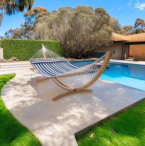 12ft Natural Wooden Arc Hammock Stand & King Quilted Hammock in Hamptons Stripe
