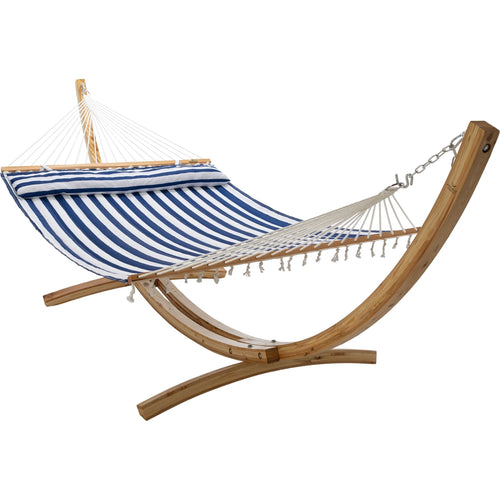 12ft Natural Wooden Arc Hammock Stand & King Quilted Hammock in Hamptons Stripe