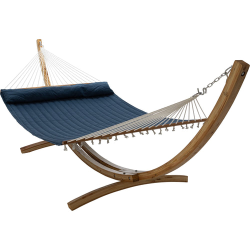 12ft Natural Wooden Arc Hammock Stand & King Quilted Hammock in Navy Blue