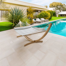 Load image into Gallery viewer, 12ft Natural Wooden Arc Hammock Stand &amp; King Quilted Hammock in Stone Stripe