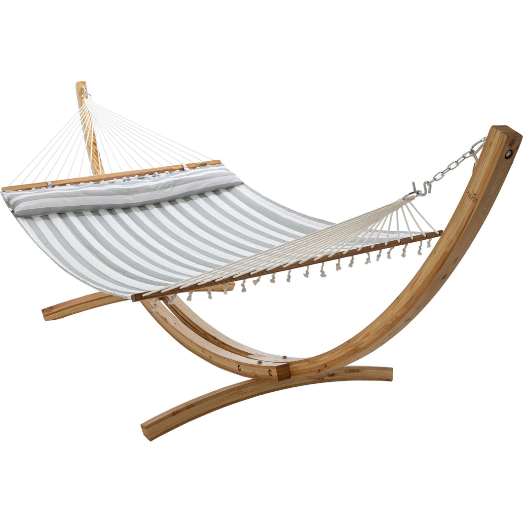 12ft Natural Wooden Arc Hammock Stand & King Quilted Hammock in Stone Stripe