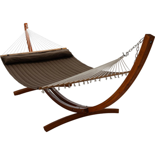 12ft Wooden Arc Hammock Stand & King Quilted Hammock in Brown