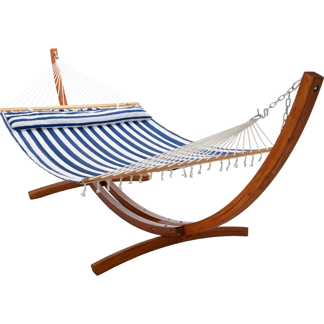 12ft Wooden Arc Hammock Stand & King Quilted Hammock in Hamptons Stripe