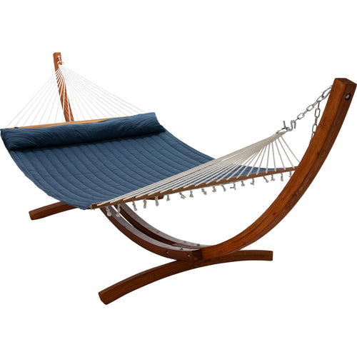 12ft Wooden Arc Hammock Stand & King Quilted Hammock in Navy Blue