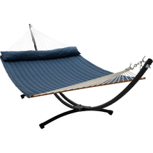 Load image into Gallery viewer, 12ft Steel Arc Hammock Stand &amp; King Quilted Hammock in Navy Blue