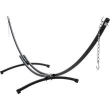 Load image into Gallery viewer, Black 12ft steel arc hammock stand with hanging chains and curved support feet