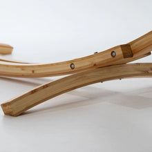 Load image into Gallery viewer, 12ft Natural Wooden Arc Hammock Stand &amp; King Quilted Hammock in Stone Stripe