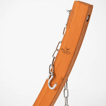 Load image into Gallery viewer, Hanging chain and hook along the curved timber arm of the 12ft larch wood hammock stand