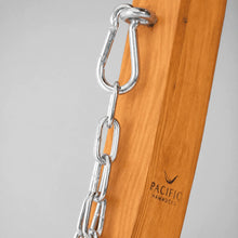 Load image into Gallery viewer, Close-up of the metal carabiner and hanging chain attached to an eyebolt on the timber hammock stand