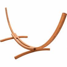 Load image into Gallery viewer, 12ft larch wood arc hammock stand with hanging chains and curved support feet on a white background