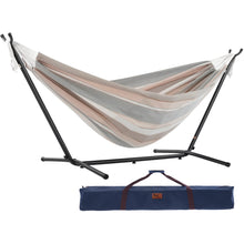 Load image into Gallery viewer, Vivere Dove striped double Sunbrella hammock with black steel stand and navy carry bag on a white background