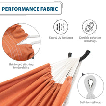 Load image into Gallery viewer, Coral hammock features showing reinforced stitching, fade and UV resistance, polyester end strings and a steel loop.