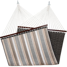 Load image into Gallery viewer, Dove hammock showing its striped fabric front, dark quilted underside, wooden spreader bars and white suspension ropes.