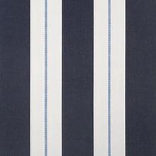 Load image into Gallery viewer, A close-up of a striped fabric or wallpaper pattern with alternating wide white vertical stripes and narrow light blue pinstripes on a dark navy background.