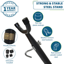 Load image into Gallery viewer, Black metal stand with plastic end caps and a hook, shown on a white background with feature callouts including a 1-year warranty badge, non-slip plastic endcaps, weather-resistant steel hardware, rust-resistant powder-coated steel, and extra parts included.