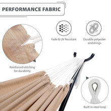 Load image into Gallery viewer, Sand hammock fabric features showing reinforced stitching, fade and UV resistance, polyester end strings and a steel loop