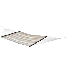 Load image into Gallery viewer, Vivere Dove double Sunbrella® quilted hammock with grey, beige and white stripes, wooden spreader bars and white suspension ropes.