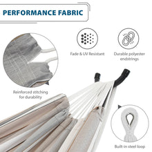 Load image into Gallery viewer, Hammock with performance fabric features highlighted on a white background