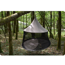 Load image into Gallery viewer, Taupe Cacoon Reto suspended from a tree branch in woodland, showing its mesh sides and round base.