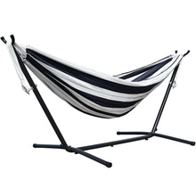 Load image into Gallery viewer, Black and white striped hammock on a stand against a white background