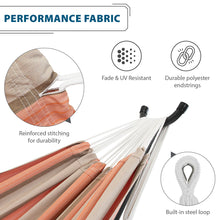 Load image into Gallery viewer, Cameo hammock features showing reinforced stitching, fade and UV resistance, polyester end strings and a steel loop.