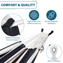 Load image into Gallery viewer, Harbour hammock construction graphic showing reinforced stitching, high thread count, polyester end strings and a steel loop