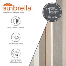 Load image into Gallery viewer, Sunbrella fabric swatch with brand logo and product features on a white background