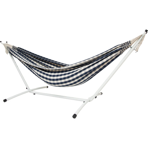 10ft White Universal Steel Hammock Stand & Authentic Double Vichy Hammock in Navy