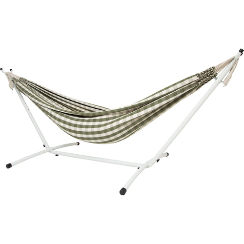 10ft White Universal Steel Hammock Stand & Authentic Double Vichy Hammock in Urban Olive