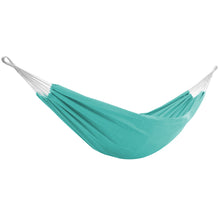 Load image into Gallery viewer, Turquoise Vivere Aruba double Sunbrella hammock with white suspension ropes on a white background.