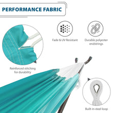 Load image into Gallery viewer, Aruba hammock features: fade and UV resistance, reinforced stitching, polyester end strings and built-in steel loop