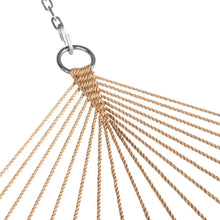 Load image into Gallery viewer, Close-up of tan hammock suspension ropes gathered around a metal ring attached to a hanging chain