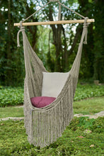 Load image into Gallery viewer, Grey Moon hammock swing chair hanging in a garden with cream and purple cushions