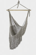 Load image into Gallery viewer, Grey Moon hammock swing chair with woven net seat, long fringe and wooden spreader bar