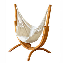 Load image into Gallery viewer, Coastal Lounger curved timber stand with Luxury Natural cream hanging chair on a white background