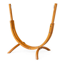 Load image into Gallery viewer, Coastal Lounger timber hammock chair stand with a curved wooden frame, support feet and metal hanging hooks.