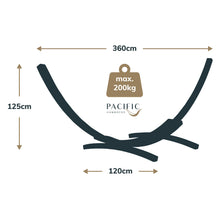 Load image into Gallery viewer, Wooden arc stand diagram showing 360 cm length, 120 cm width, 125 cm height and maximum capacity of 200 kg