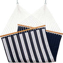 Load image into Gallery viewer, Harbour hammock showing its navy and white striped front, navy quilted underside, wooden spreader bars and white ropes.