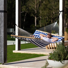 Load image into Gallery viewer, 12ft Wooden Arc Hammock Stand &amp; King Quilted Hammock in Hamptons Stripe