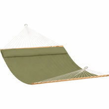 Load image into Gallery viewer, Olive Whitsunday King Quilted Hammock with hardwood spreader bars, white suspension cords and matching pillow