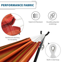 Load image into Gallery viewer, Sunset hammock features showing reinforced stitching, fade and UV resistance, polyester end strings and a steel loop.