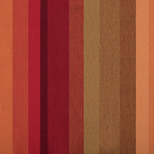 Load image into Gallery viewer, Close-up of Sunset Sunbrella® fabric showing red, orange, gold and brown stripes.